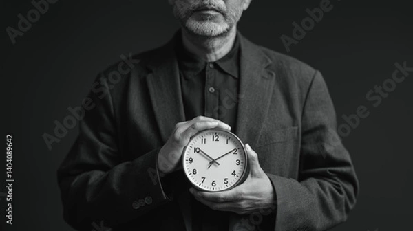 Fototapeta A Middle Eastern man in a black blazer holds a clock with rapidly moving hands, representing productivity and time efficiency