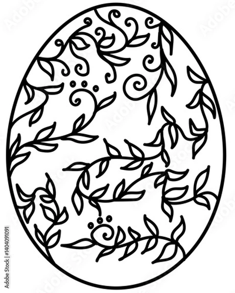 Obraz Outline Easter egg with doodle branches with leaves, coloring page for holiday creativity or design