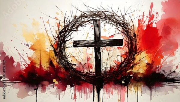 Obraz Black cross encircled by thorn crown over vivid abstract red and yellow watercolor splatter background