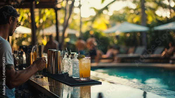 Obraz Bartender serving cocktails at outdoor pool bar