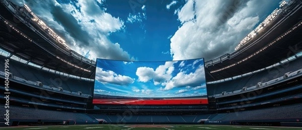 Obraz A large screen in an empty stadium displays a blue sky with clouds.