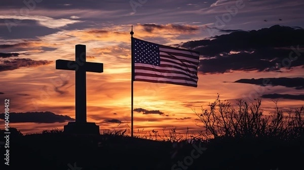 Obraz Tribute to law enforcement with USA flag against a sunset sky, commemorating January 9th. 4K quality.