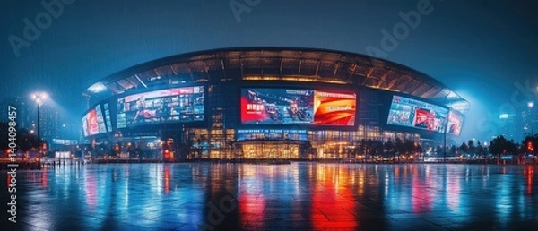 Fototapeta A modern stadium illuminated at night with a reflecting pool in the foreground.