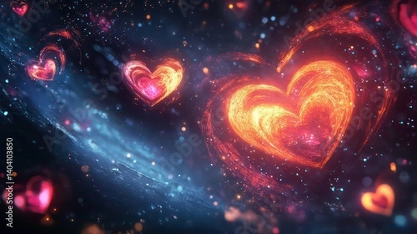 Fototapeta Glowing hearts float in a cosmic, starry expanse.