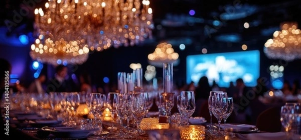 Obraz Elegant gala dinner, chandelier backdrop, blurry screen