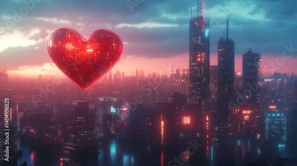 Fototapeta Red heart-shaped object floats above a futuristic cityscape at sunset.