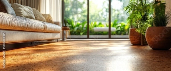 Obraz Sunlit cork floor, modern sofa, garden view. Home decor
