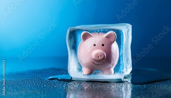 Fototapeta Piggy bank frozen in ice cube on blue background