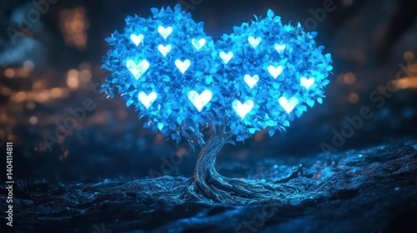 Fototapeta Glowing blue heart-shaped tree with lights.