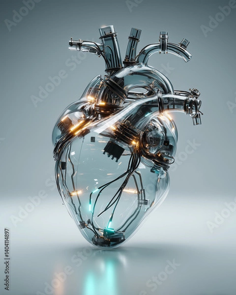 Fototapeta Cybernetic heart made of vines and circuits glowing softly  