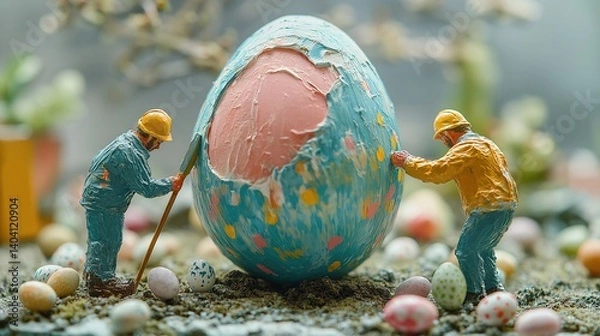 Fototapeta Close-Up of Tiny Painters Decorating a Large Easter Egg – Detailed Miniature Fantasy Scene