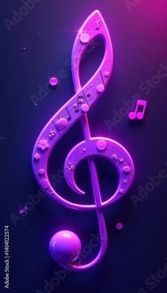 Fototapeta Flat purple music clef with notes, thin border, flat design element, bass clef