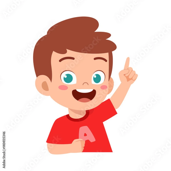 Fototapeta Happy Cartoon Boy Pointing Upward with a Smile, Wearing a Red Shirt with Letter A