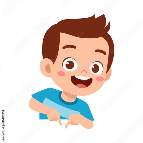 Fototapeta Happy Boy Pointing Down with Fingers Illustration of Cute Kid Cartoon Smiling and Cheerful