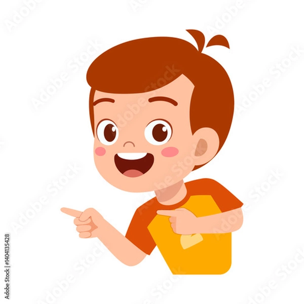 Fototapeta Happy Smiling Boy Pointing with Fingers Showing Direction in Cartoon Illustration