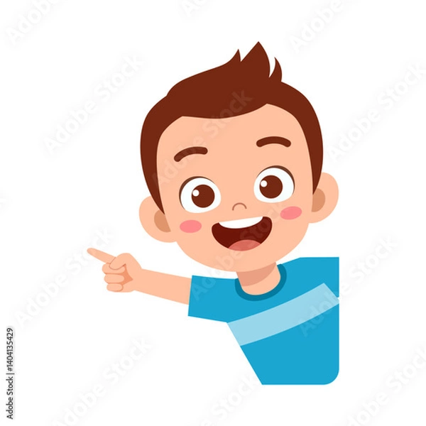 Fototapeta Smiling Boy Pointing to the Left Side with Happy Expression in Cartoon Illustration