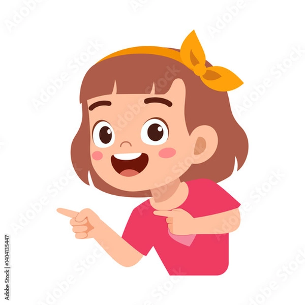 Fototapeta Happy little girl pointing fingers with smiling face in cartoon illustration
