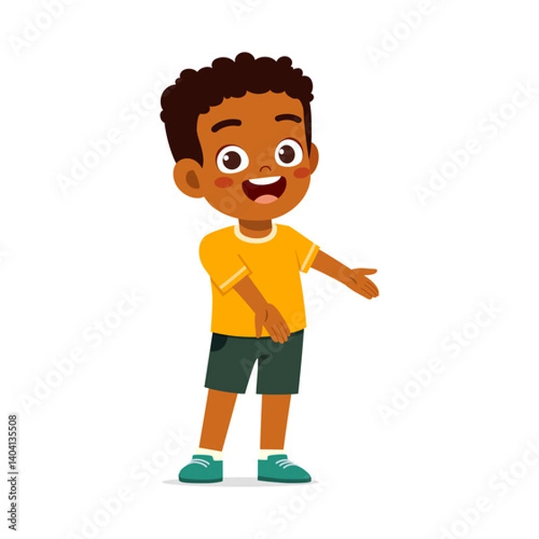 Fototapeta Happy Little Boy with Arm Outstretched, Smiling and Looking at Camera Illustration