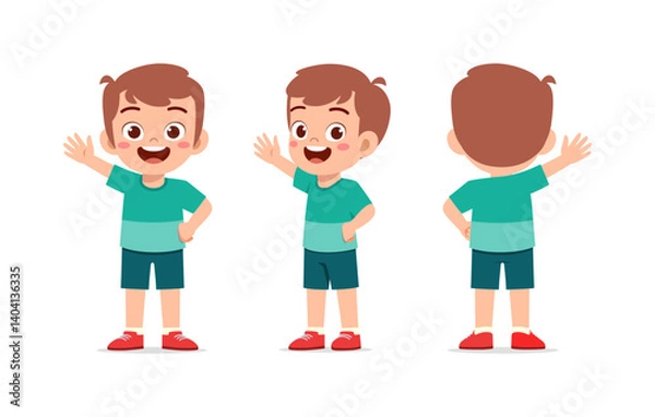 Fototapeta Happy Boy Waving Front and Back Views in Cheerful Mood Illustration