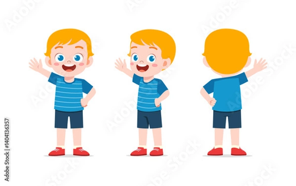 Fototapeta Cute happy little boy waving hand front and back view in cartoon illustration