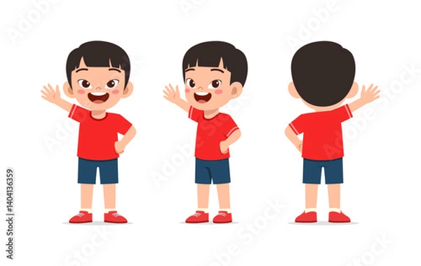 Fototapeta Happy little boy smiling and waving hand front and back view illustration isolated white background