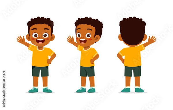 Fototapeta Happy Little Boy Waving Hand in Different Views Cartoon Illustration Design
