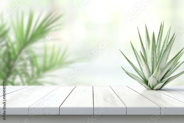 Obraz White Wooden Tabletop with Succulent and Blurred Green Background