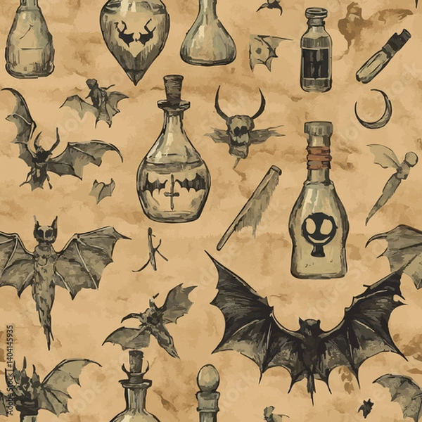 Fototapeta A collection of seamless mystical patterns featuring magical objects, vintage books, potions, tarot cards, celestial skies, and golden suns. Perfect for witchcraft, fantasy, and boho designs.