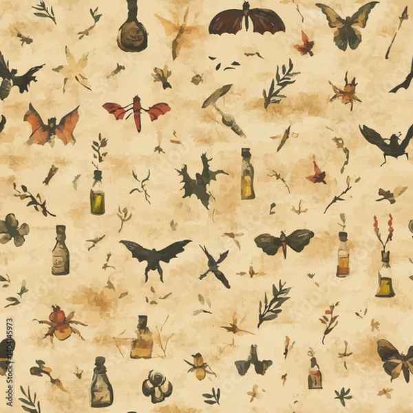 Fototapeta A collection of seamless mystical patterns featuring magical objects, vintage books, potions, tarot cards, celestial skies, and golden suns. Perfect for witchcraft, fantasy, and boho designs.