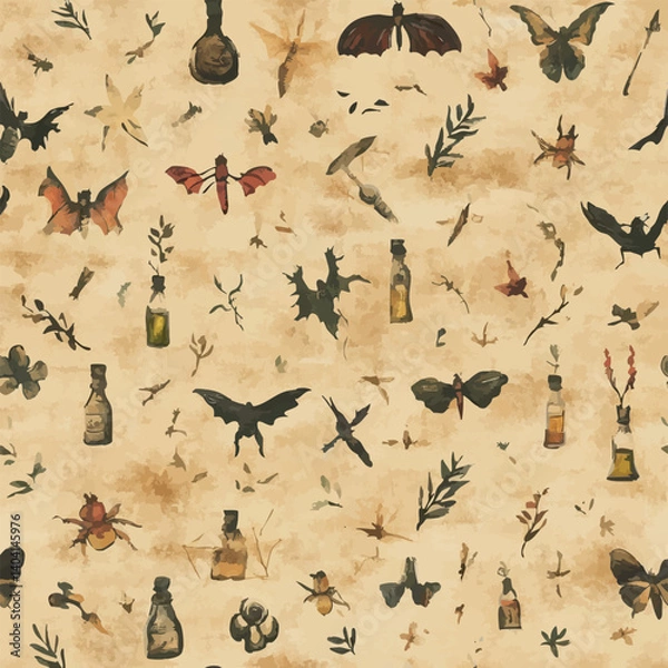 Fototapeta A collection of seamless mystical patterns featuring magical objects, vintage books, potions, tarot cards, celestial skies, and golden suns. Perfect for witchcraft, fantasy, and boho designs.