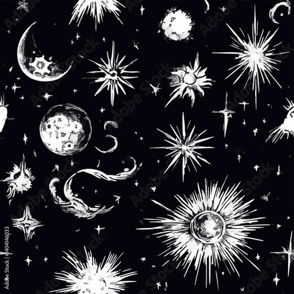 Fototapeta A collection of seamless mystical patterns featuring magical objects, vintage books, potions, tarot cards, celestial skies, and golden suns. Perfect for witchcraft, fantasy, and boho designs.