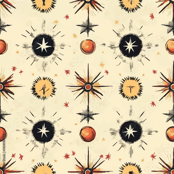 Fototapeta A collection of seamless mystical patterns featuring magical objects, vintage books, potions, tarot cards, celestial skies, and golden suns. Perfect for witchcraft, fantasy, and boho designs.