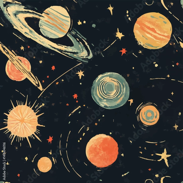 Fototapeta A collection of seamless mystical patterns featuring magical objects, vintage books, potions, tarot cards, celestial skies, and golden suns. Perfect for witchcraft, fantasy, and boho designs.