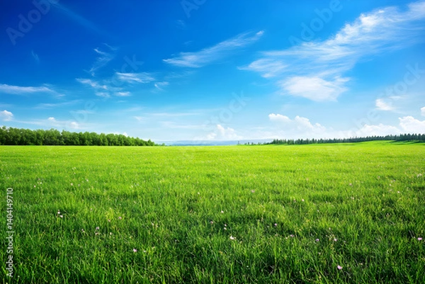 Fototapeta Vast Tranquil Grassy Field under Blue Skies with Wildflower Accents and Distant Trees
