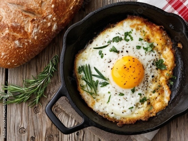 Fototapeta Fried eggs in iron fried pan on wooden table with a bread