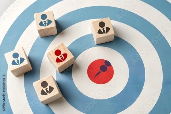 Fototapeta Target Recruitment: Wooden blocks symbolizing candidates surround a central bullseye, representing successful recruitment and achieving business goals.