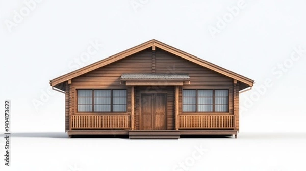 Fototapeta Wooden cabin, front view, isolated on white background, 3D model, architectural representation