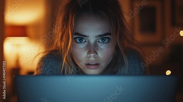 Fototapeta Close up of person watching flat Earth documentary their laptop their facial expression gradually changing disbelief frustration scene set dimly lit room the screen's glow reflecting off their face