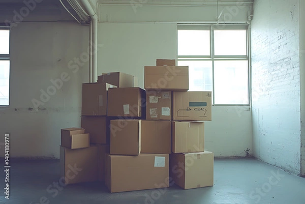 Obraz Moving Day Scene with Cardboard Boxes and Equipment in Empty Room