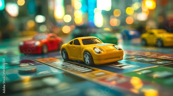 Obraz Miniature cars on a game board with city lights in the background.