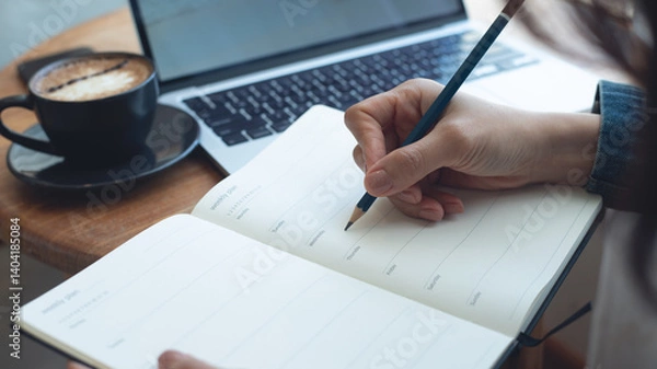 Fototapeta Business woman planning daily appointment and writing on business calendar planner notebook at office. event planning, Planner plan schedule calendar and reminder agenda