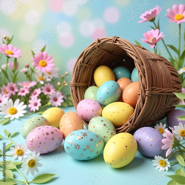Obraz Colorful hand-painted Easter eggs spilling gently from a wicker basket onto a lush pastel background. Flat lay style with cheerful lighting and copy space for text or messaging
