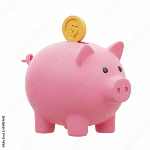 Fototapeta 3D Pink Piggy bank with a large coin with a dollar sign on it on top of it.