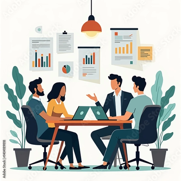 Obraz Business team collaboration scene in flat vector style, showing diverse professionals gathered around a table with documents, graphs, and laptops, brainstorming ideas
