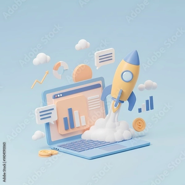 Fototapeta 3D cartoonish scene with a laptop from which a rocket is launching, symbolizing growth or innovation.
