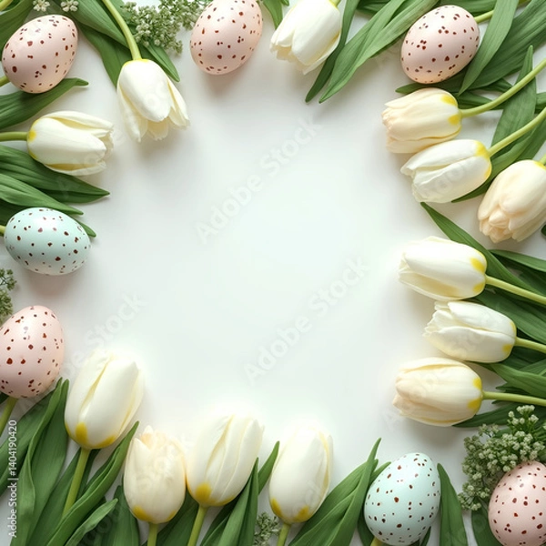 Obraz Decorative flat lay arrangement featuring Easter eggs, white tulips, and green foliage on a light background to celebrate the holiday season. Clean center area left for copy space