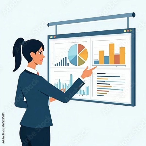 Obraz Professional woman presenting a sales report on a digital screen with graphs, pie charts, and analytics, in a clean business vector style