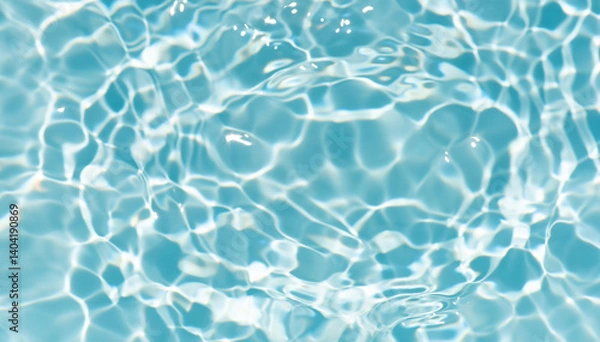 Fototapeta Blue water with ripples on the surface. Defocus blurred transparent blue colored clear calm water surface texture with splashes and bubbles. Water waves with shining pattern texture background.