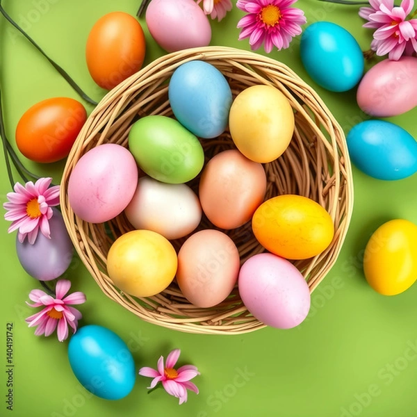 Obraz Playful top view of vibrantly dyed Easter eggs gathered around a straw wicker basket on a spring green background. 