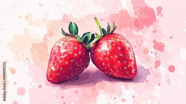 Fototapeta Two vibrant strawberries in a watercolor style illustration.